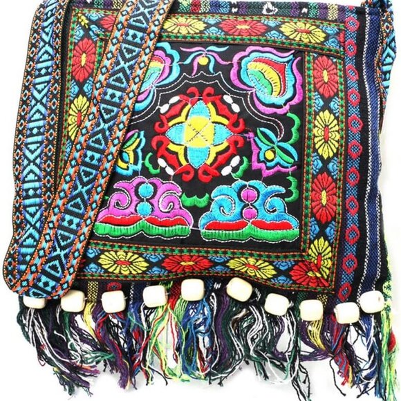 Vintage Ethnic Tribal Embroidered Tassel Sling Crossbody Boho Hippie Shoulder Ba - Picture 1 of 2